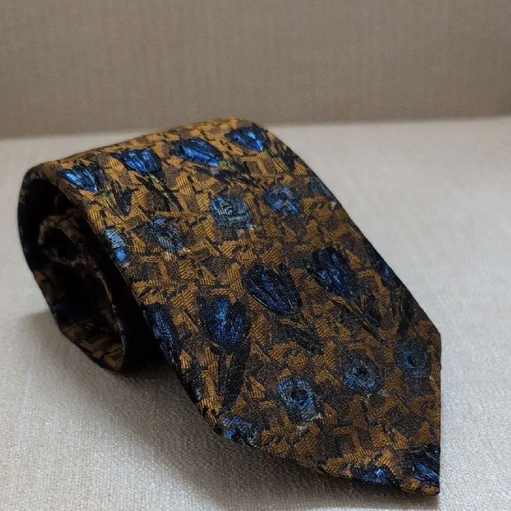 Men's Ermenegildo Zegna Brown & Blue Floral Jacquard Silk NeckTie Made in Italy